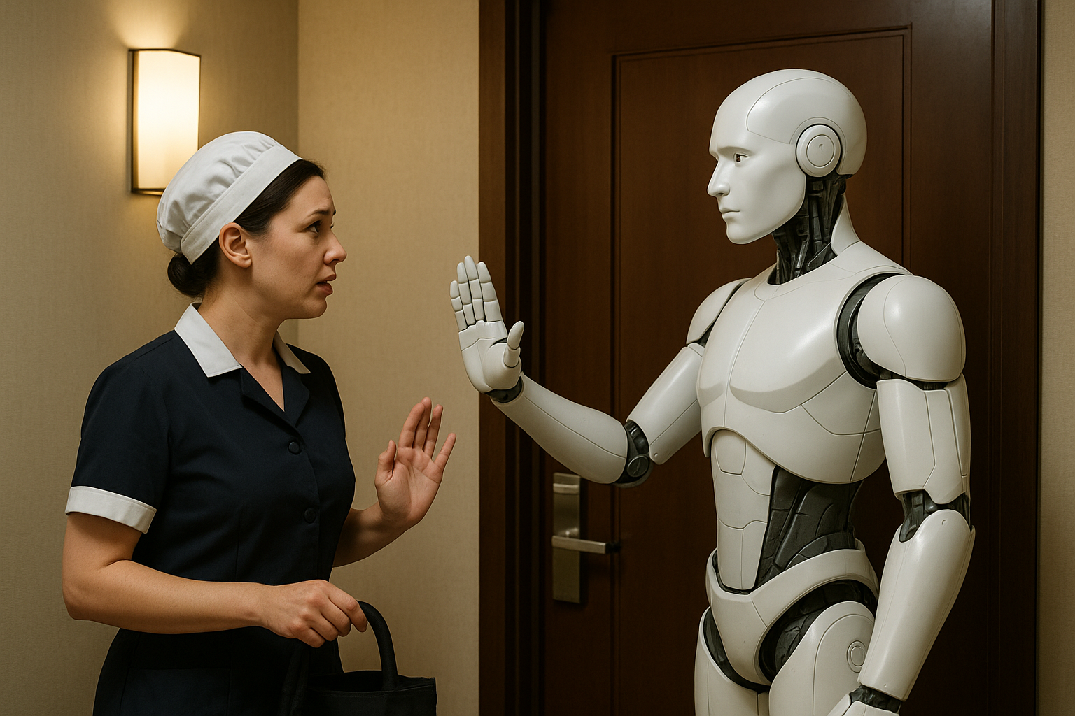 アンドロイドがホテルのドアをノックする清掃員を、部屋に入ってほしくないから清掃を断っている様子の画像